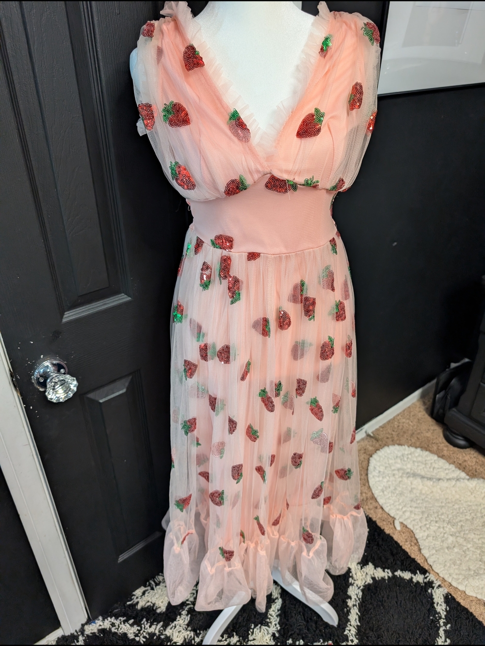 Sheer Pink Strawberry Embroidered Midi Dress